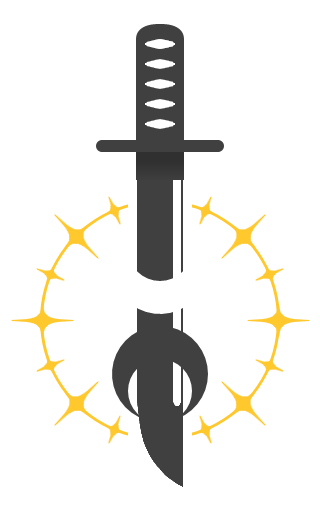 a darkened tanto knife with a blade framed by two crescent moons. one is white and pointed up, the other is darkened and pointing down. all are surrounded by a golden ring of stars